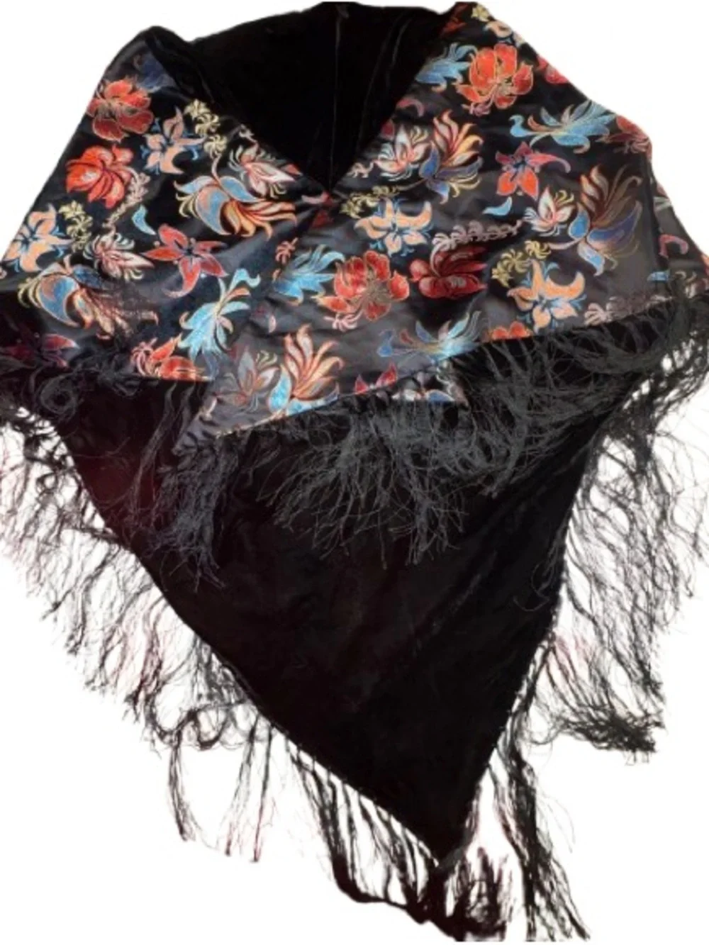 black floral embroidered silk like boho shawl featuring long fringe trim